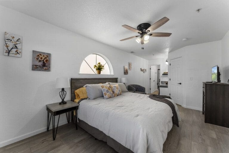 Cozy bedroom with modern decor.